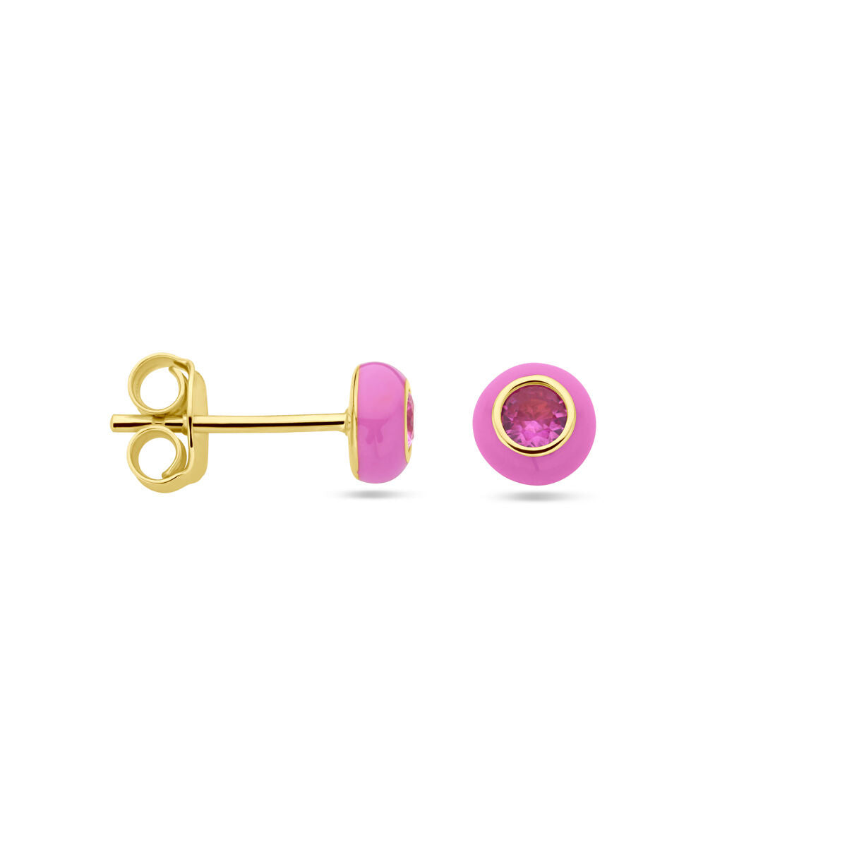 Orecchini a bottone in argento dorato con smalto rosa e zircone rosa