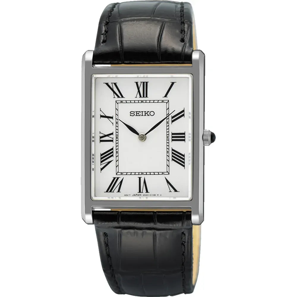 Orologio Seiko con cassa rettangolare in acciaio, quadrante bianco e cinturino in pelle nera.