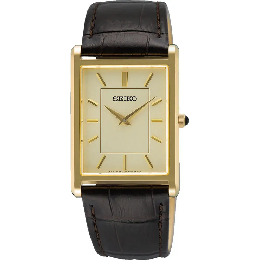 Orologio Seiko con cassa dorata rettangolare, quadrante beige e cinturino in pelle marrone.