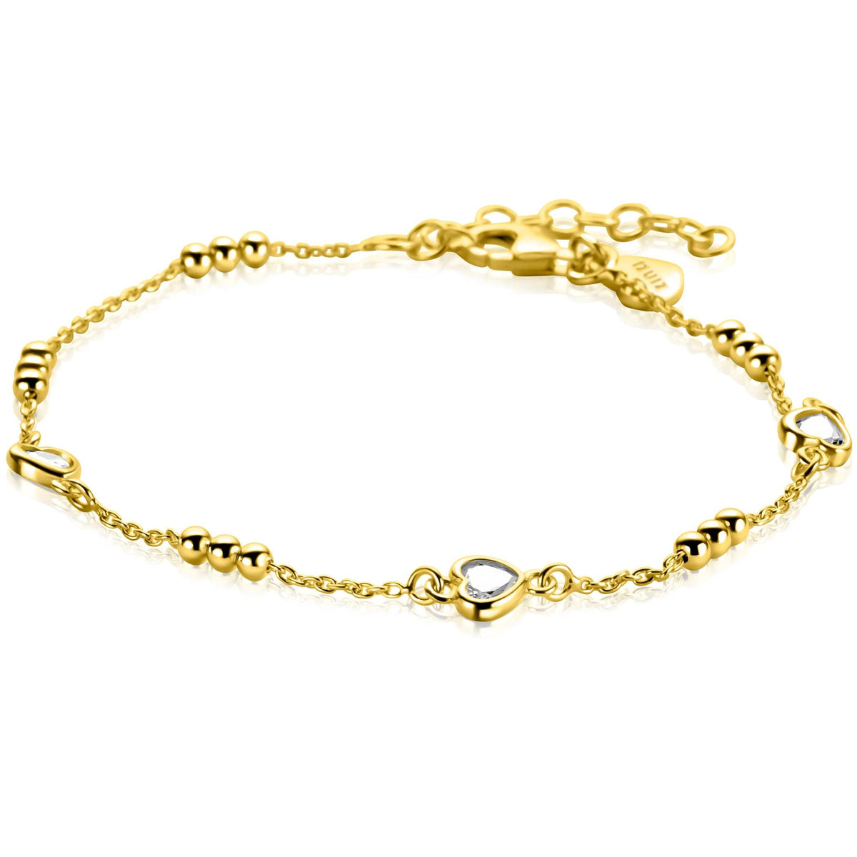 Bracciale placcato oro con dettagli a forma di cuore e perline.