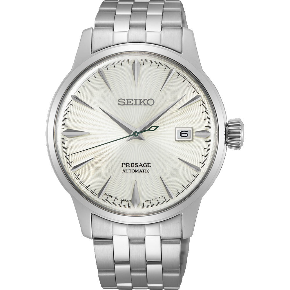 Orologio da uomo Seiko con cassa in acciaio inox, quadrante argentato con motivo a raggi e datario.