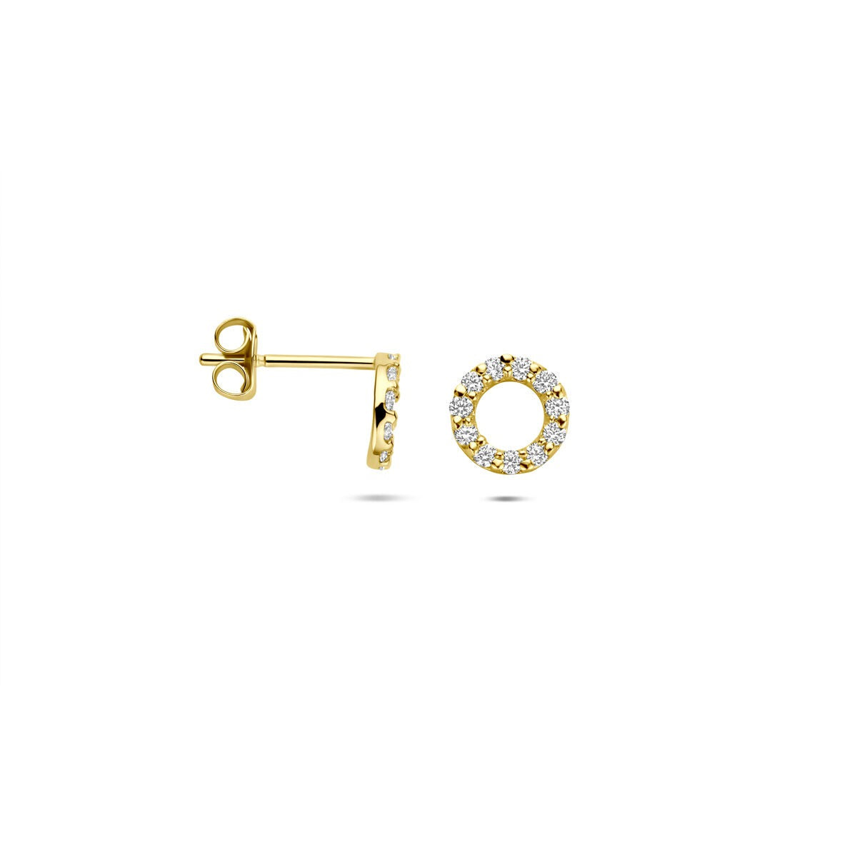 Orecchini a bottone in oro con zircone – 9k oro giallo, incastonatura entourage