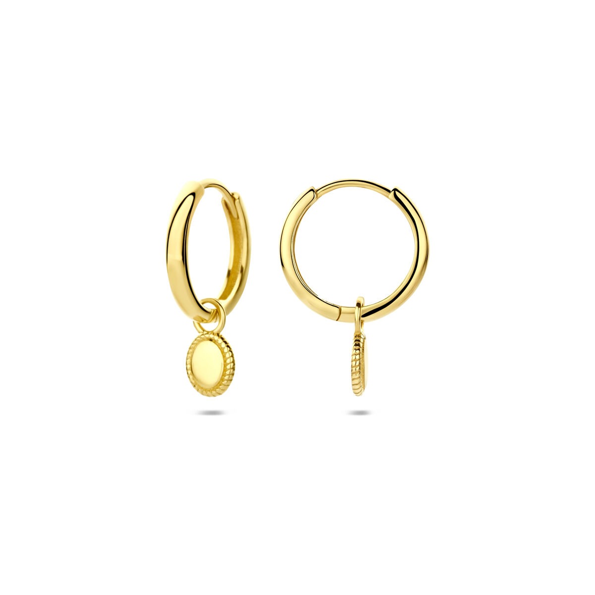 Orecchini a cerchio in oro giallo 14k con ciondolo – eleganza senza tempo in movimento