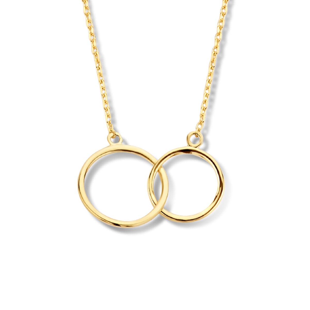 Verstelbaar collier van 9k geelgoud met twee cirkelvormige hangers in verschillende groottes.