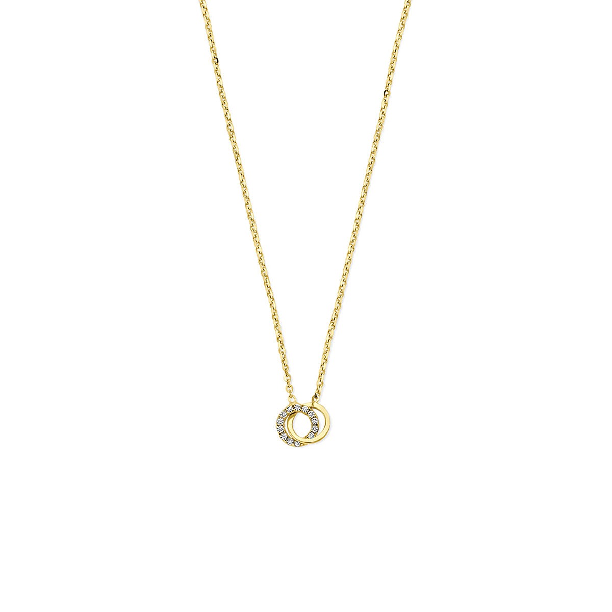 Geelgouden dames collier met een dubbele cirkel, versierd met zirkonia-steentjes.