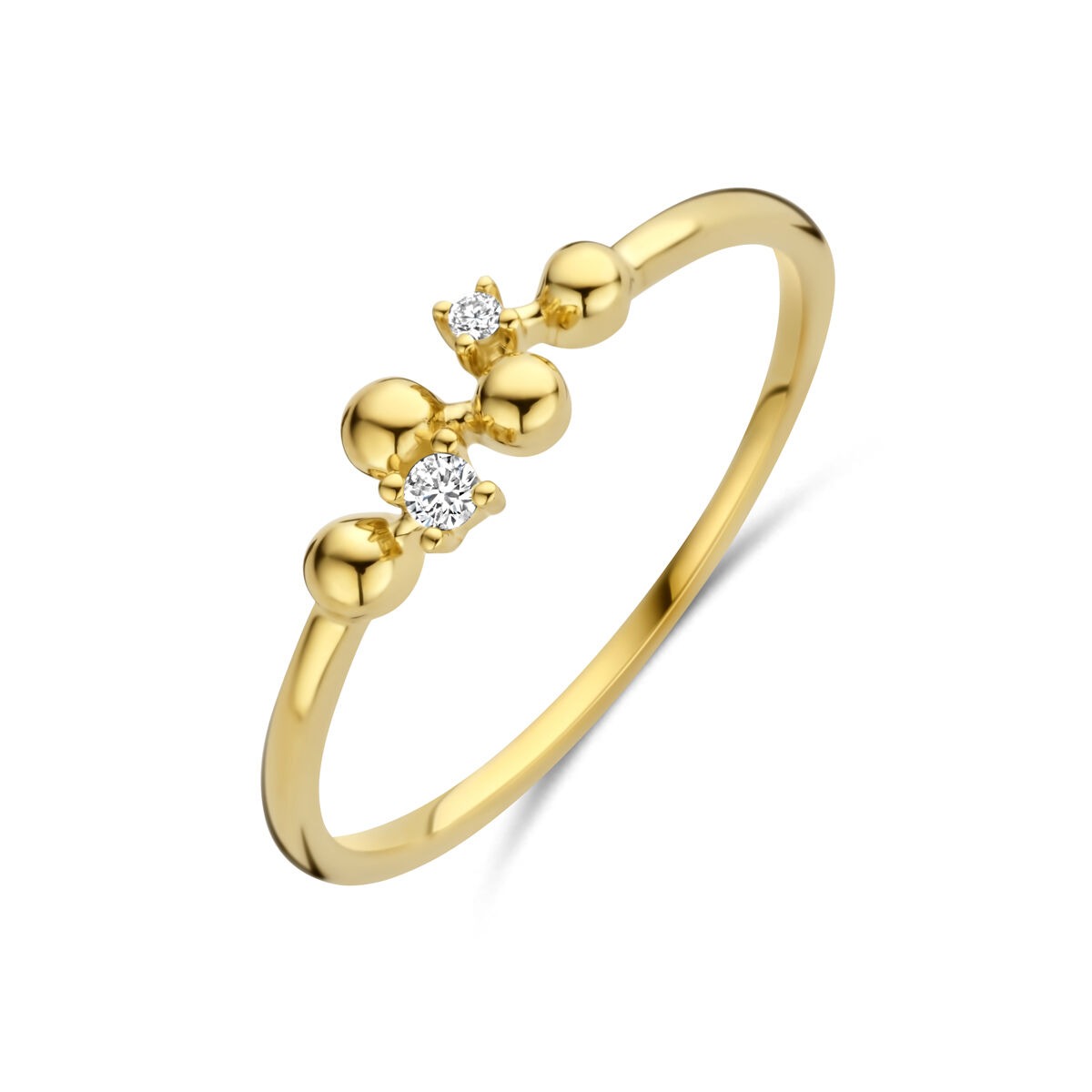 Anello in oro giallo 14k con diamanti, caratterizzato da tre sfere lucide e due pietre brillanti.