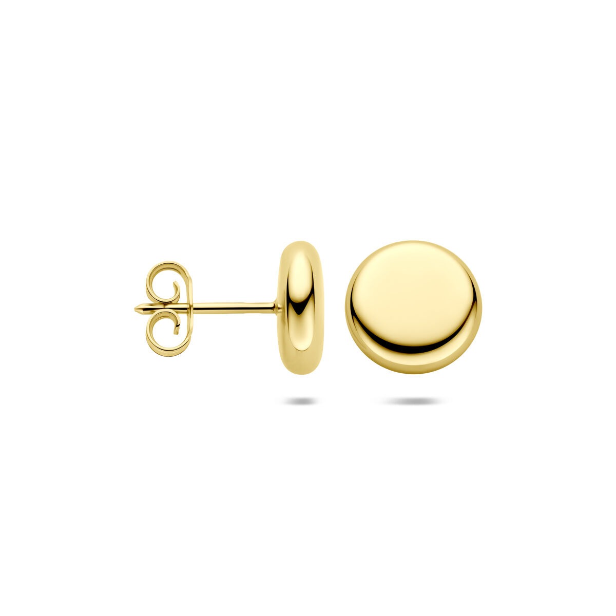 Orecchini a bottone in oro giallo 14k con un diametro di 10 mm.