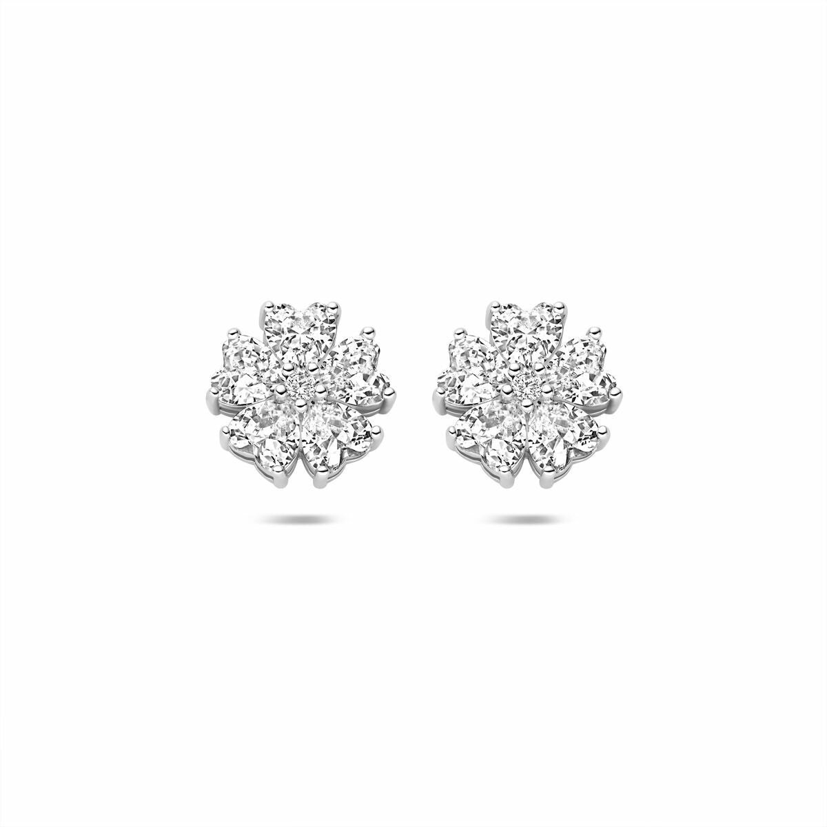 Orecchini in argento rodiato con zirconi, design floreale a forma di stella.