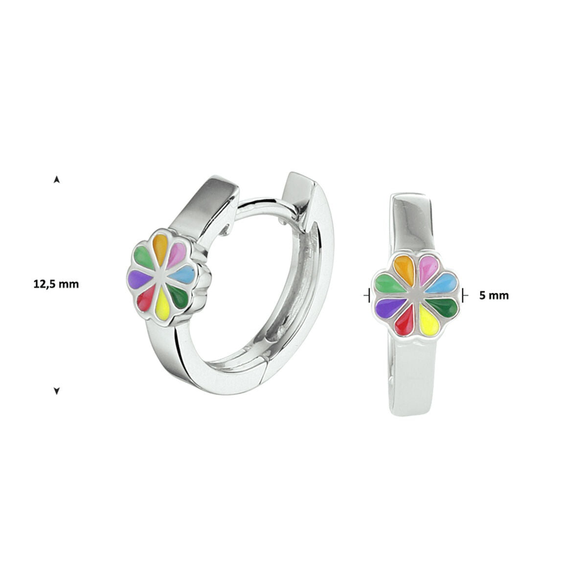 Orecchini a cerchio per bambini in argento rodiato con fiori smaltati – 12,5 mm