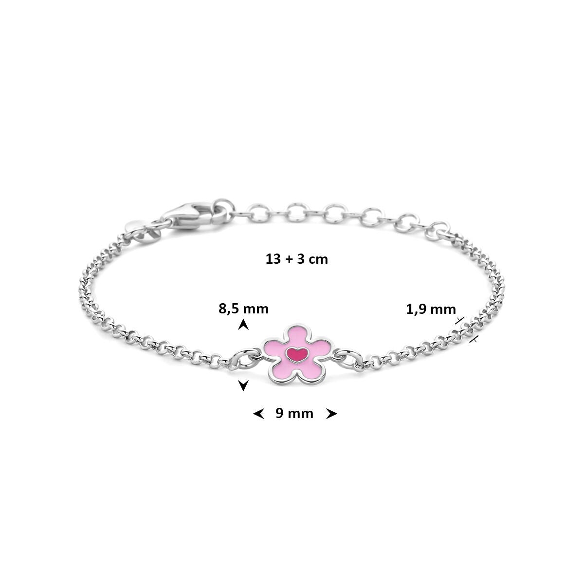 Bracciale per bambini in argento 925 rodiato con fiore e cuoricino