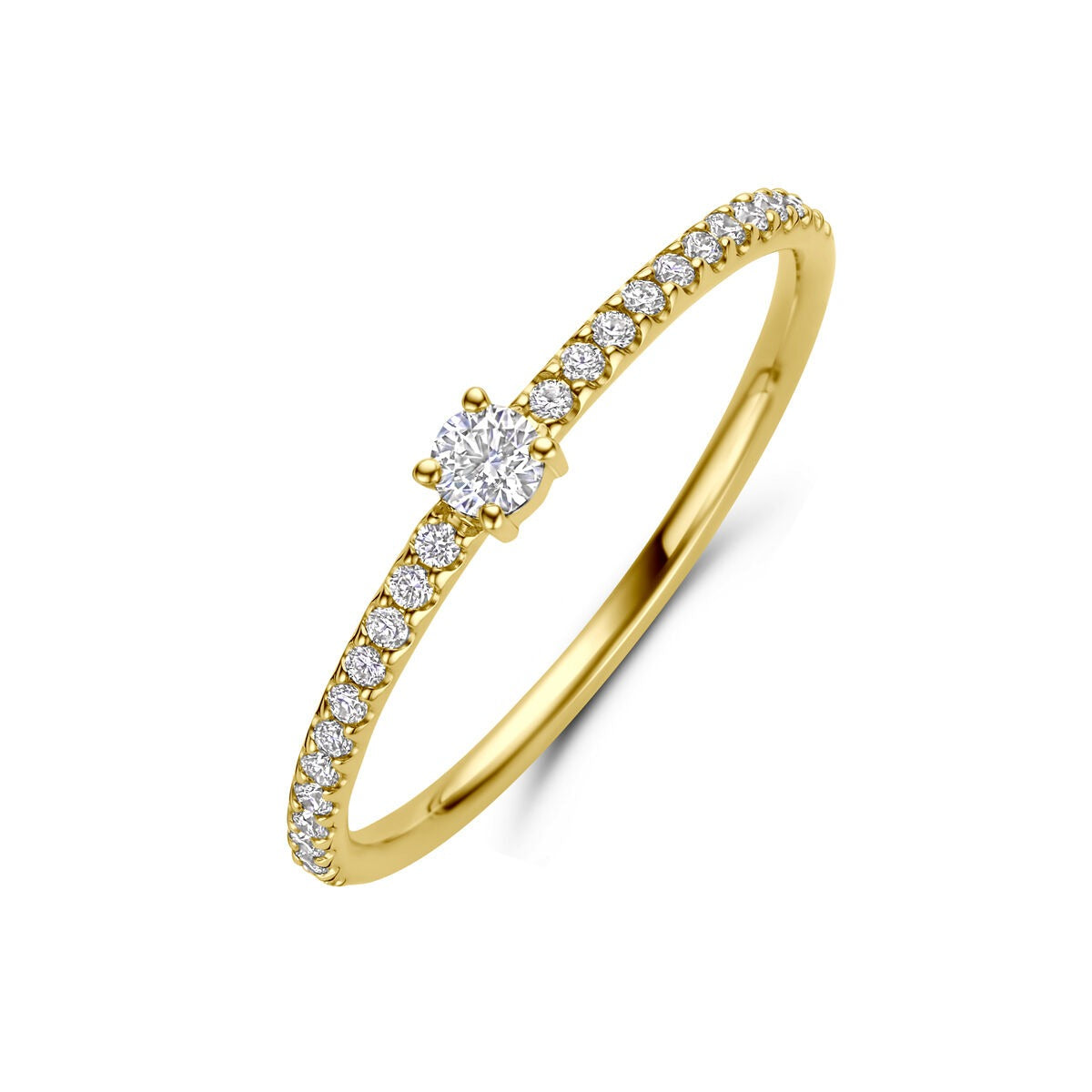 Anello da donna in oro giallo 14k con diamante, montatura solitaria e pavé di diamanti.