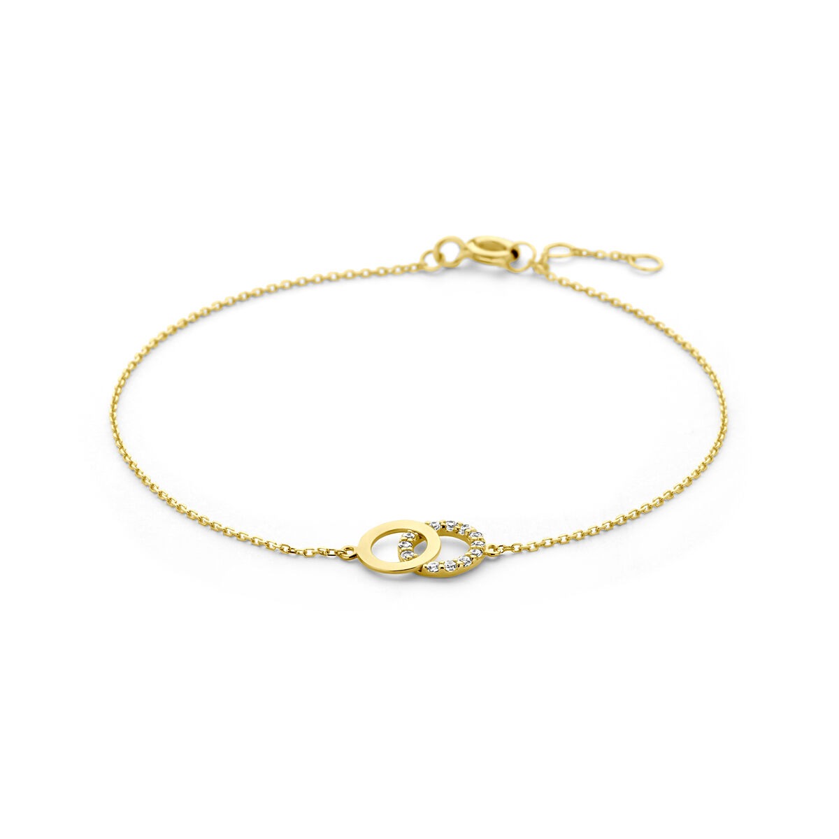 Bracciale in oro giallo 9k con zircone, con chiusura a moschettone e design a catena.