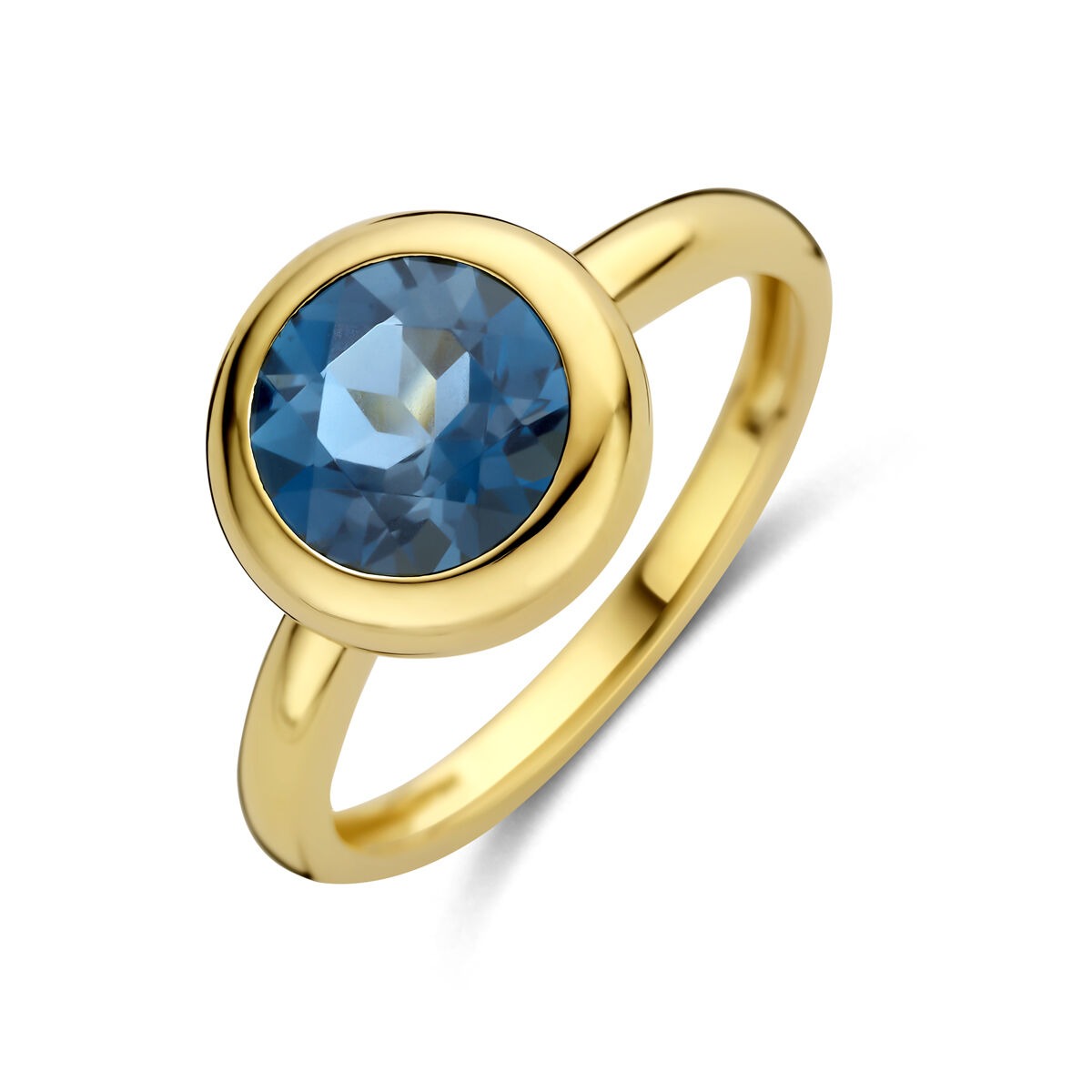 Anello in oro giallo 14k con topazio London Blue, design rotondo e finitura lucida.