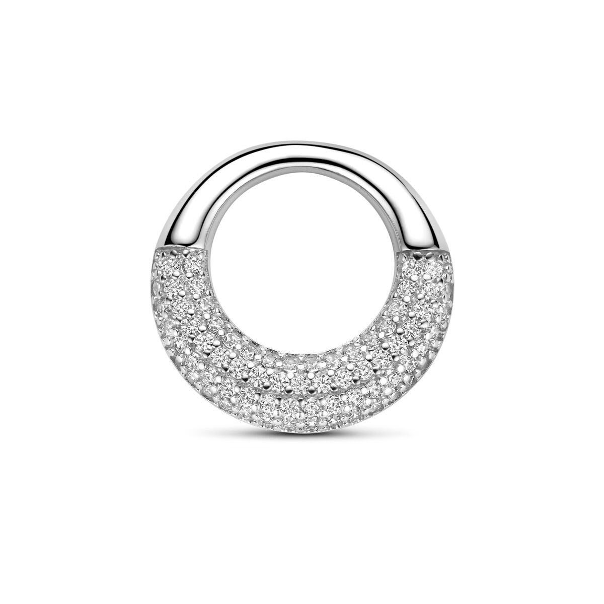Ciondolo in argento 925 rodiato con zircone pavé, forma circolare.