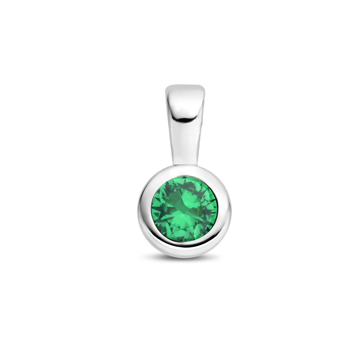 Ciondolo in argento rodiato con pietra di nascita verde.