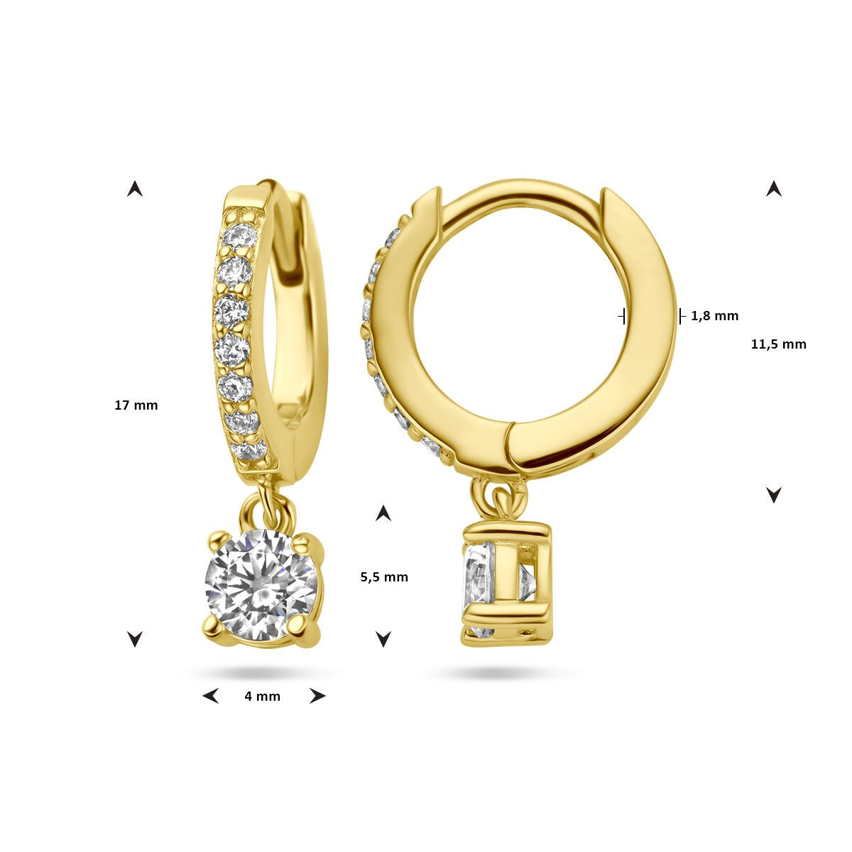Orecchini a cerchio da donna in argento dorato color oro – zirconia taglio brillante in montatura entourage