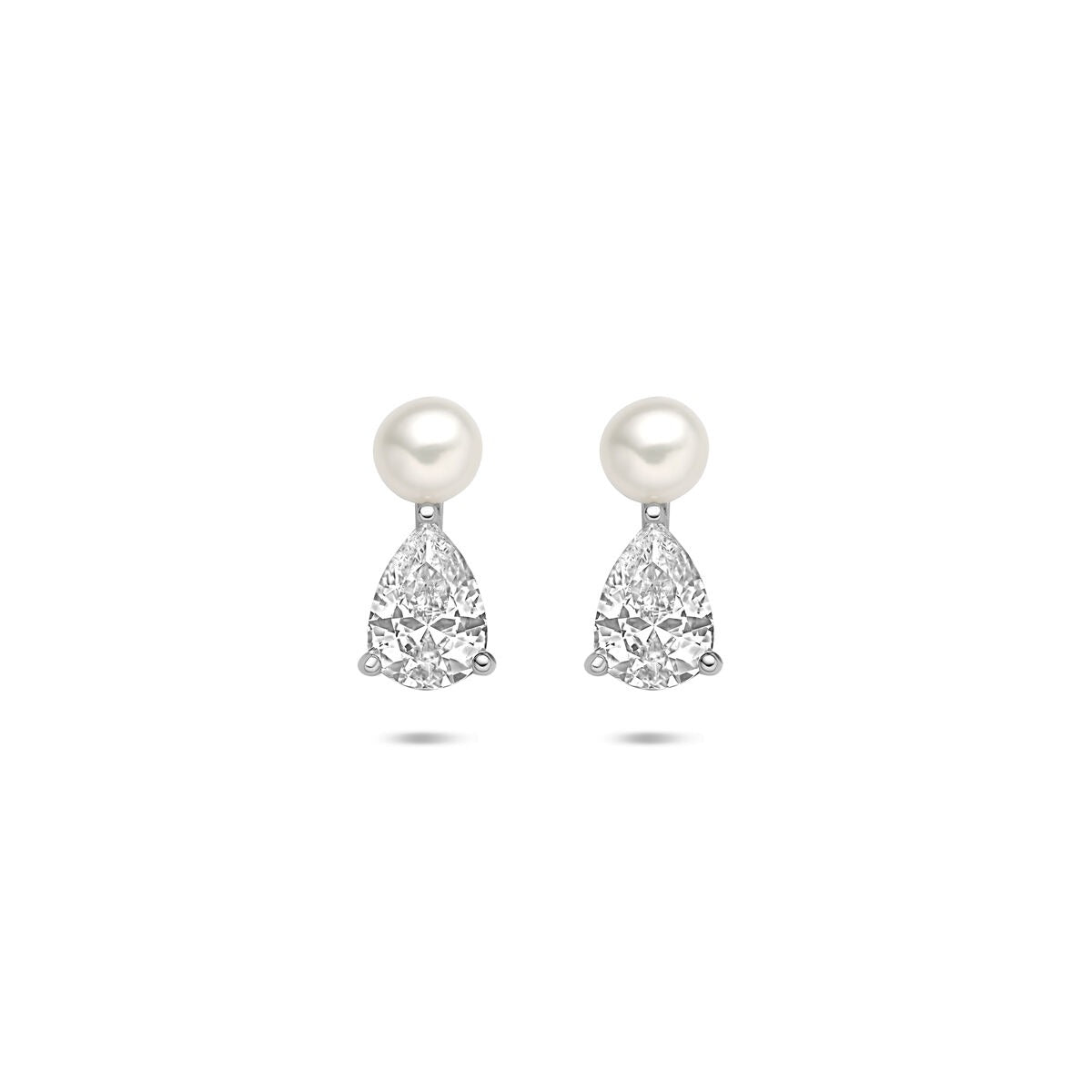 Orecchini in argento rodiato 925 con perla e zirconi, forma a goccia.