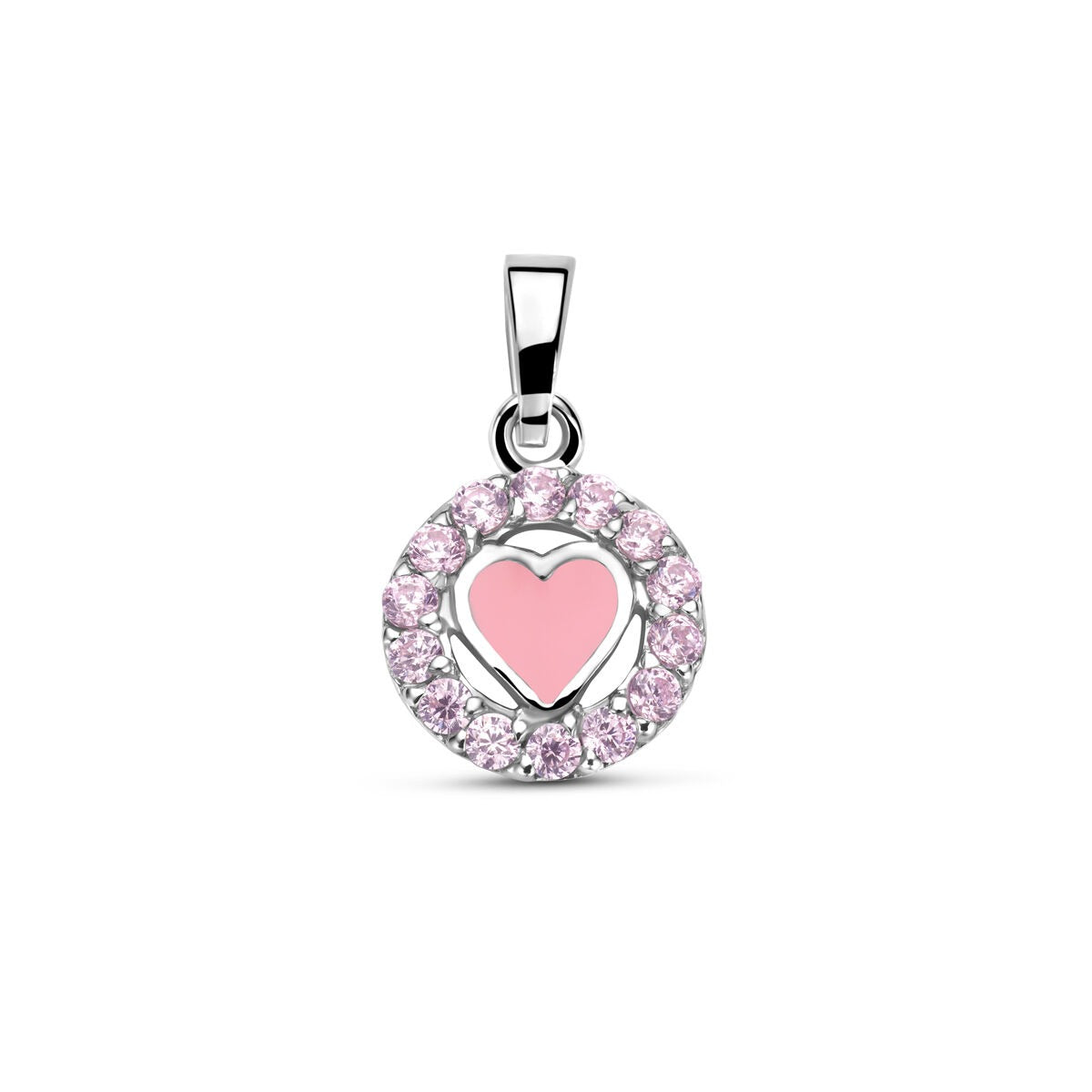 Ciondolo argentato con cuore in smalto rosa e zirconi rosa, diametro di 15 mm.