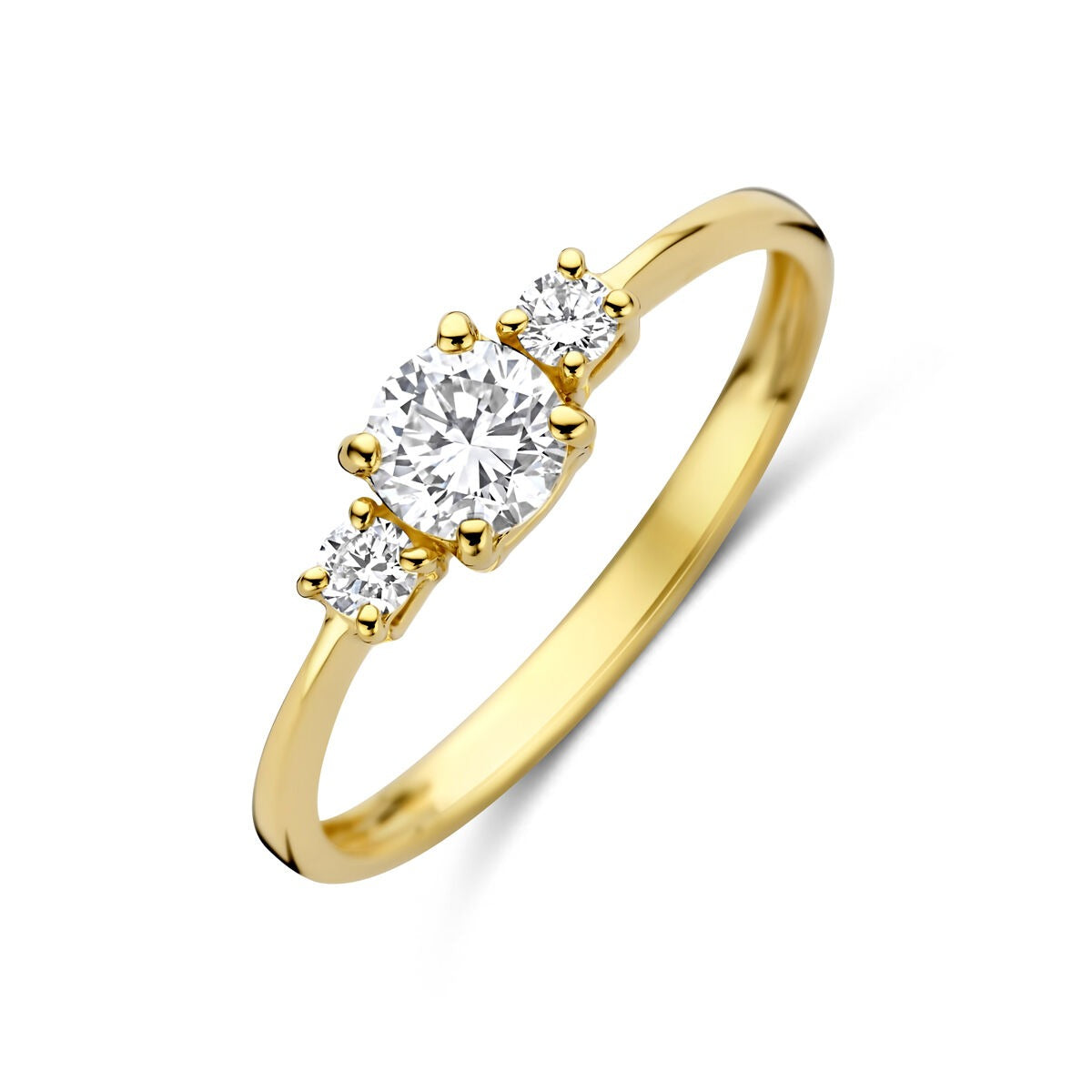 Anello in oro giallo 14k con diamante lab-grown centrale e due diamanti laterali.