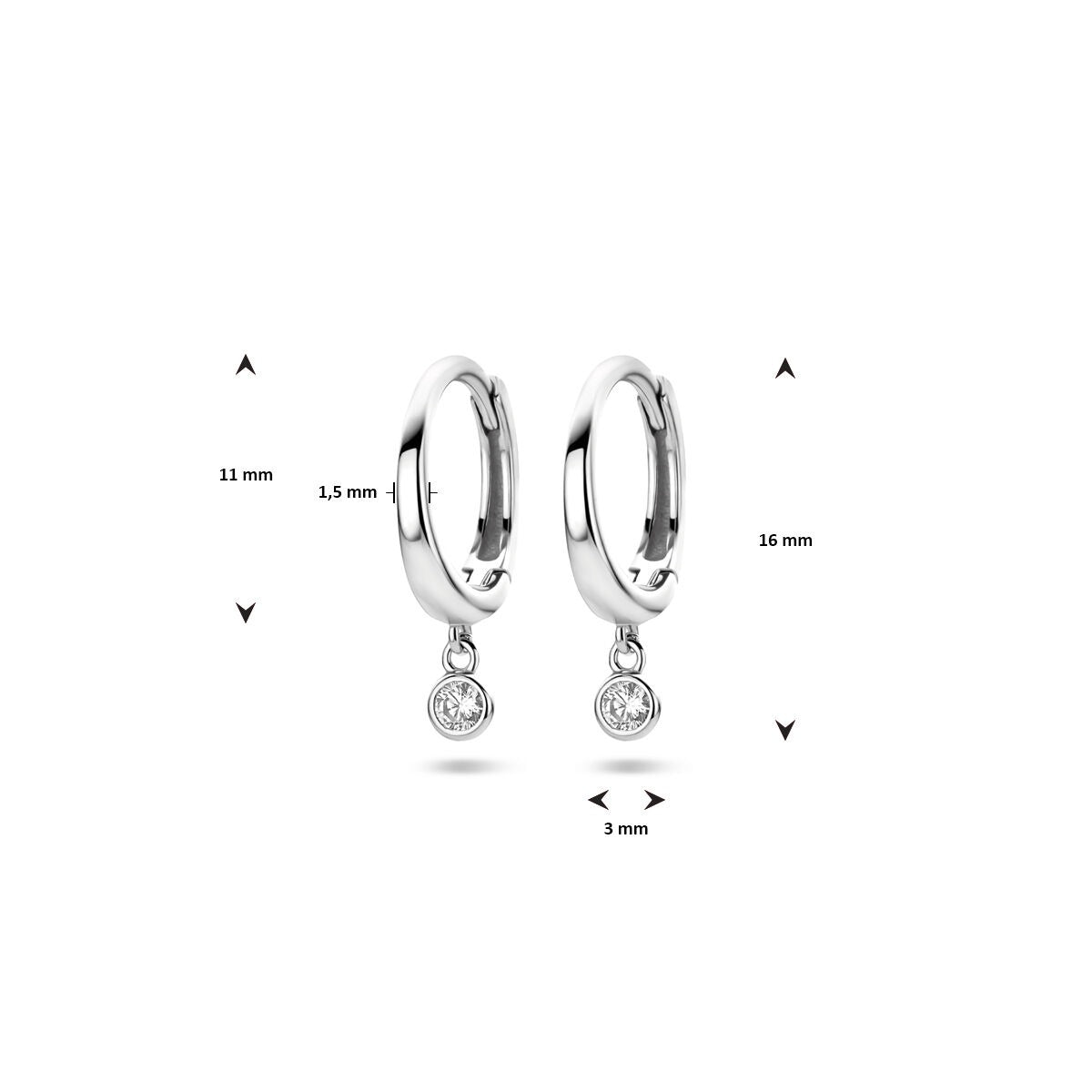 Orecchini a cerchio in argento con zircone – argento 925 rodiato, 16 mm di altezza