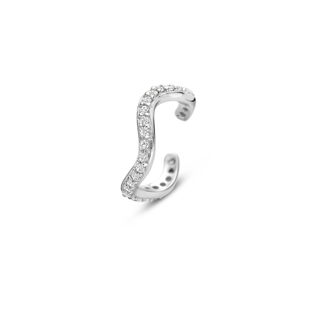 Ear cuff in argento 925 rodiato con zircone, dalla forma ondulata.