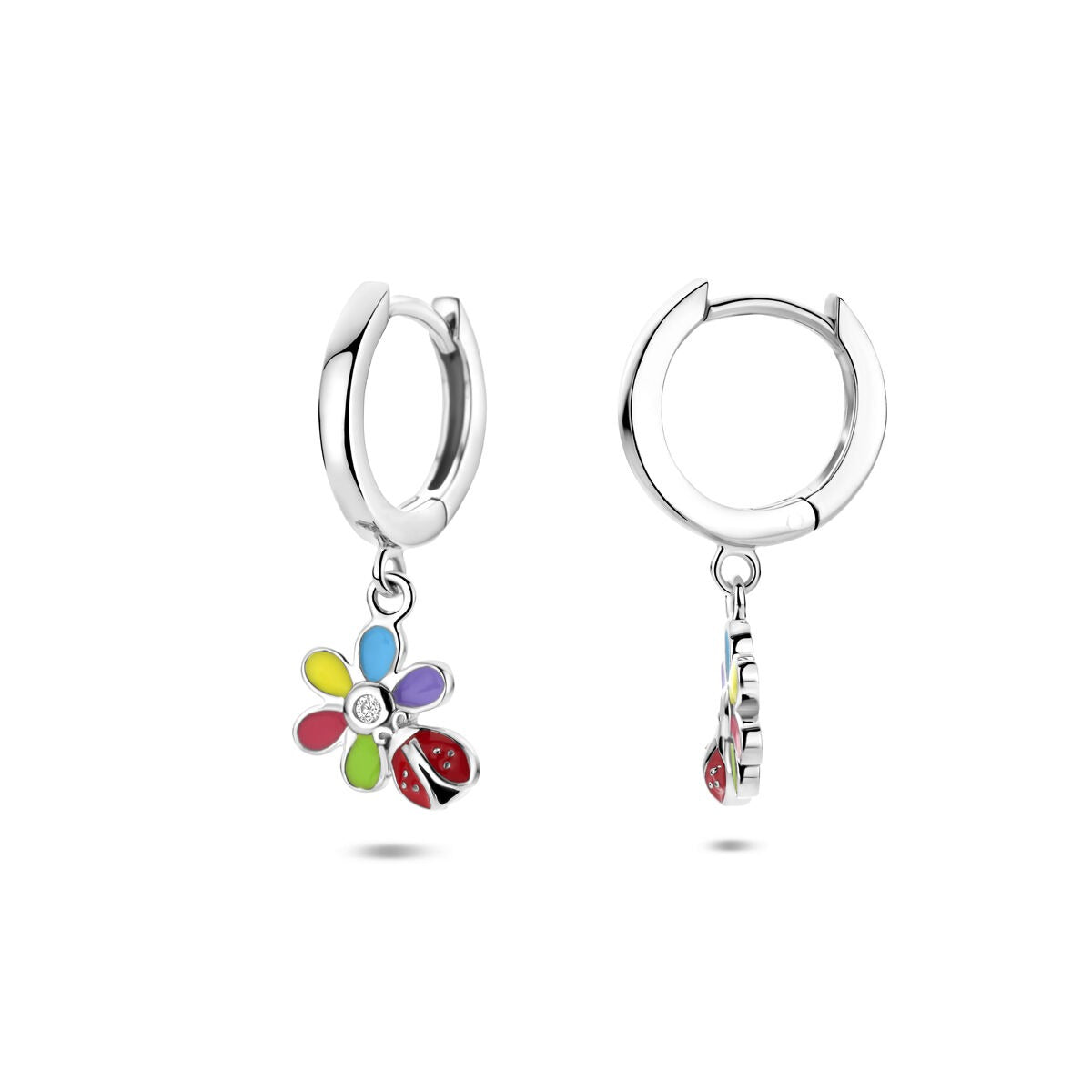 Orecchini a cerchietto per bambini in argento con fiore, zircone e coccinella – Orecchini per bambini