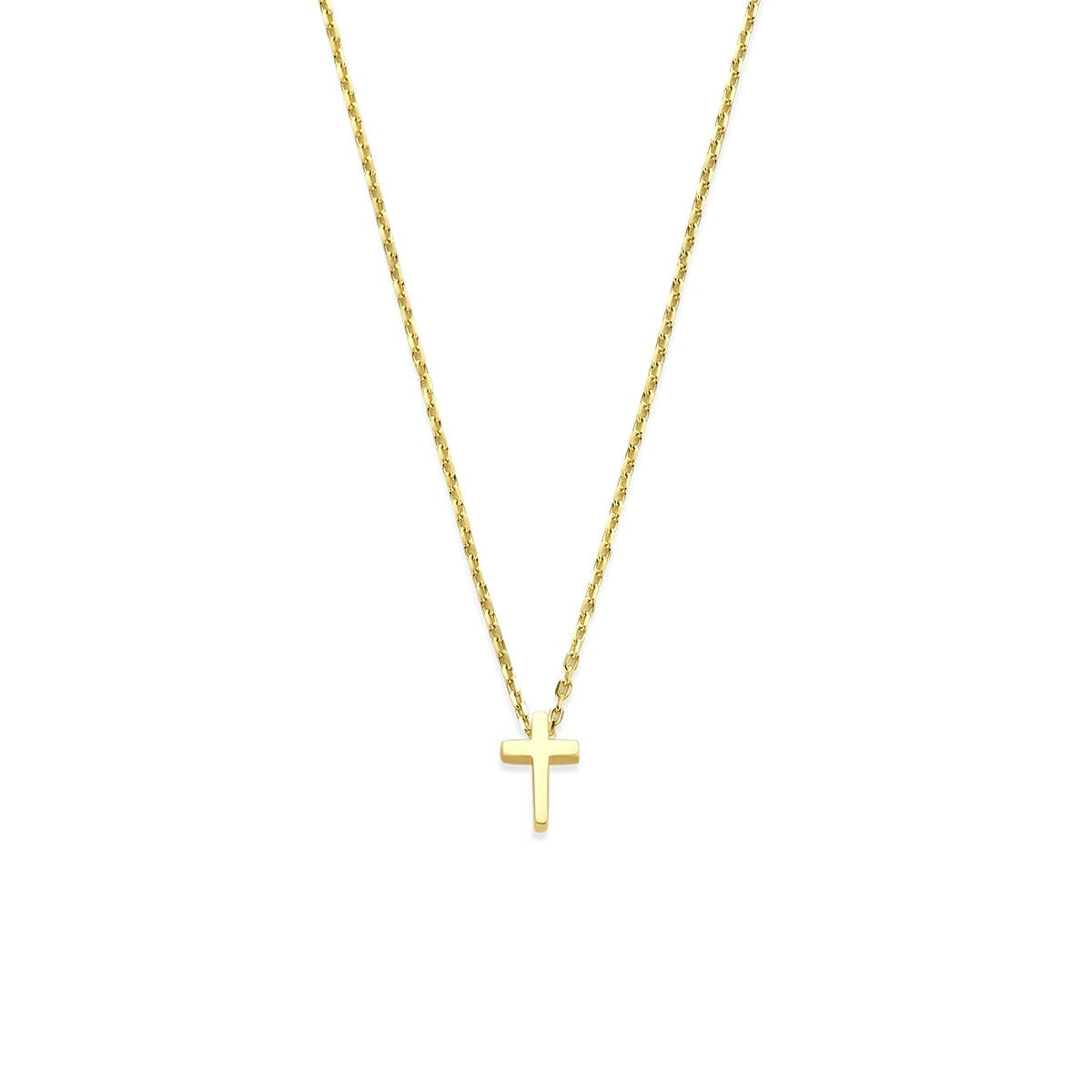 Goudkleurig collier van 9k met een eenvoudig kruisje als hanger.
