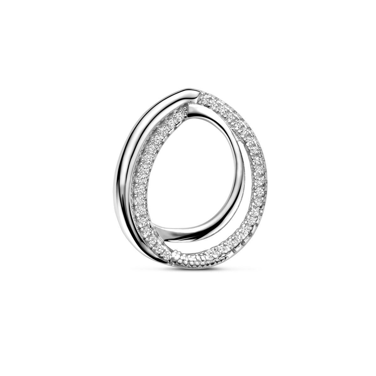 Ciondolo in argento rodiato con zircone, forma ovale e dettagli brillanti.