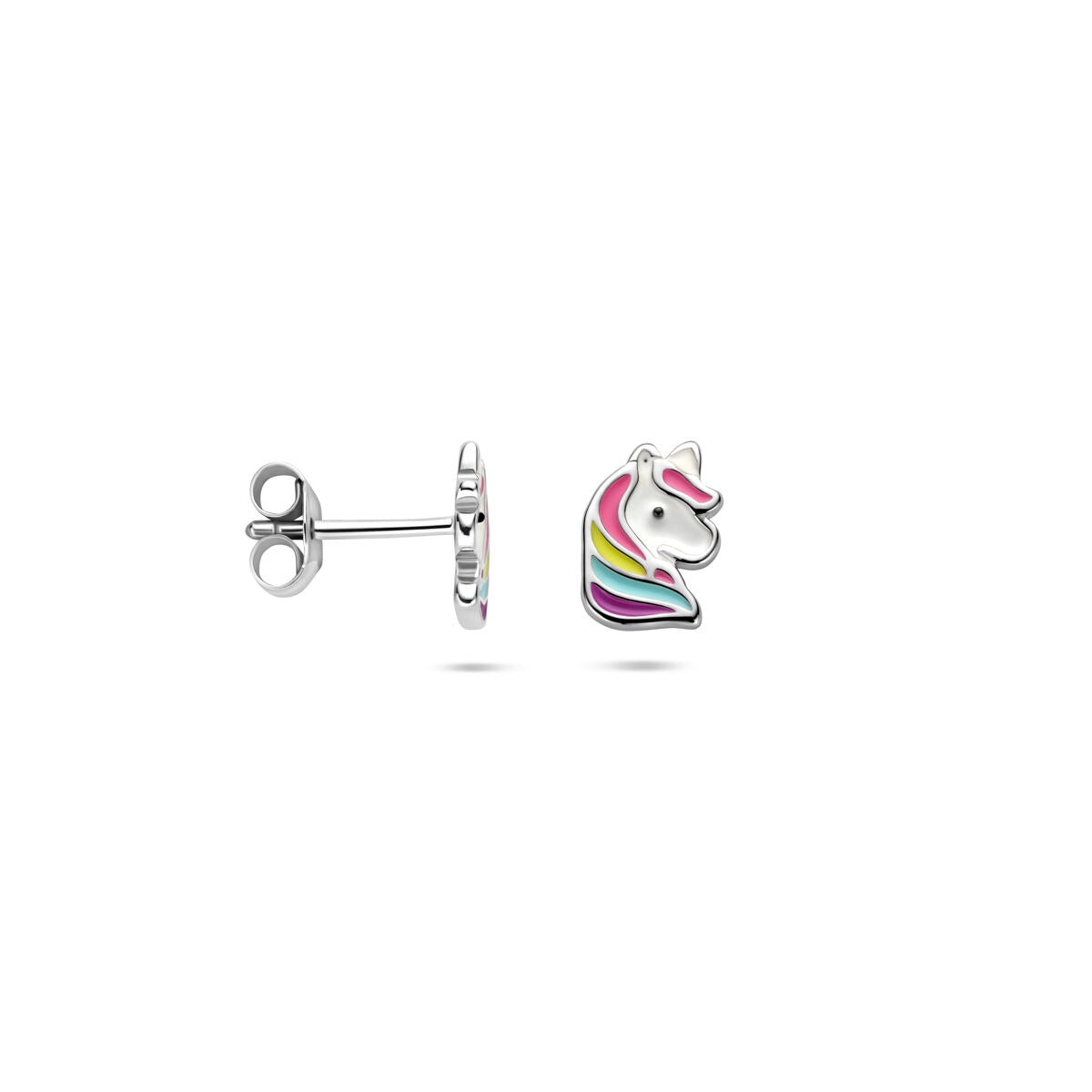 Orecchini a bottone bambina unicorno – argento 925 rodiato, 8x6 mm