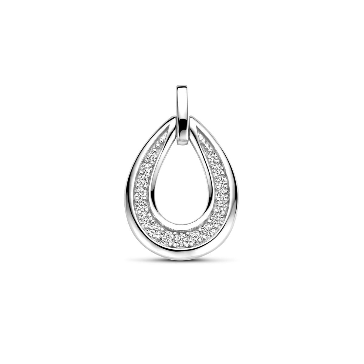 Ciondolo in argento rodiato a forma di goccia con zircone in incastonatura.