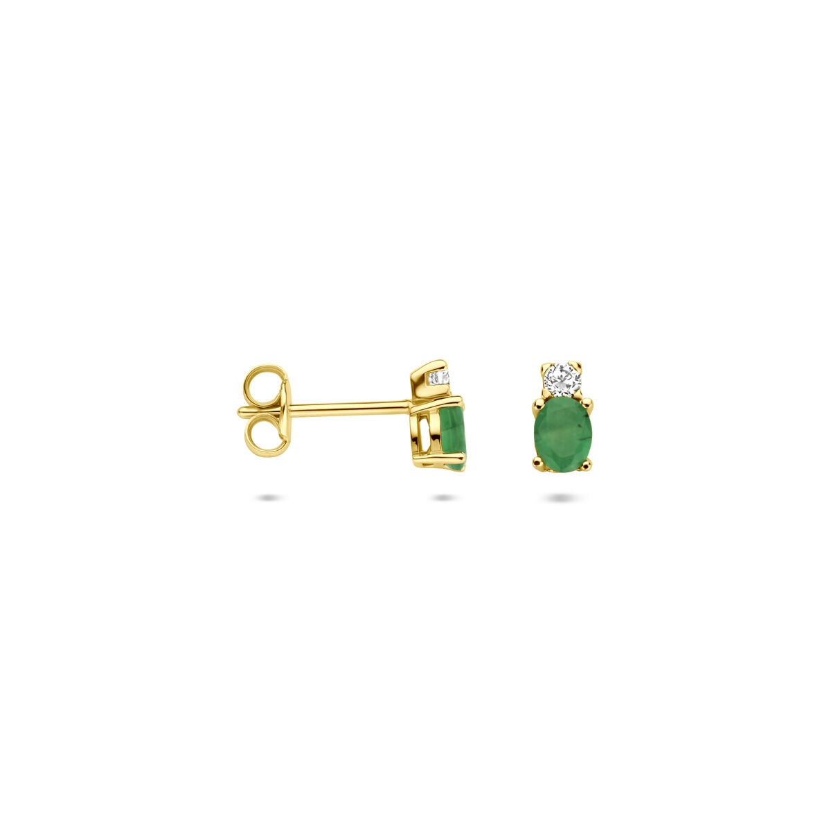 Orecchini a bottone in oro giallo 14k con smeraldo e zircone – 6 x 3 mm