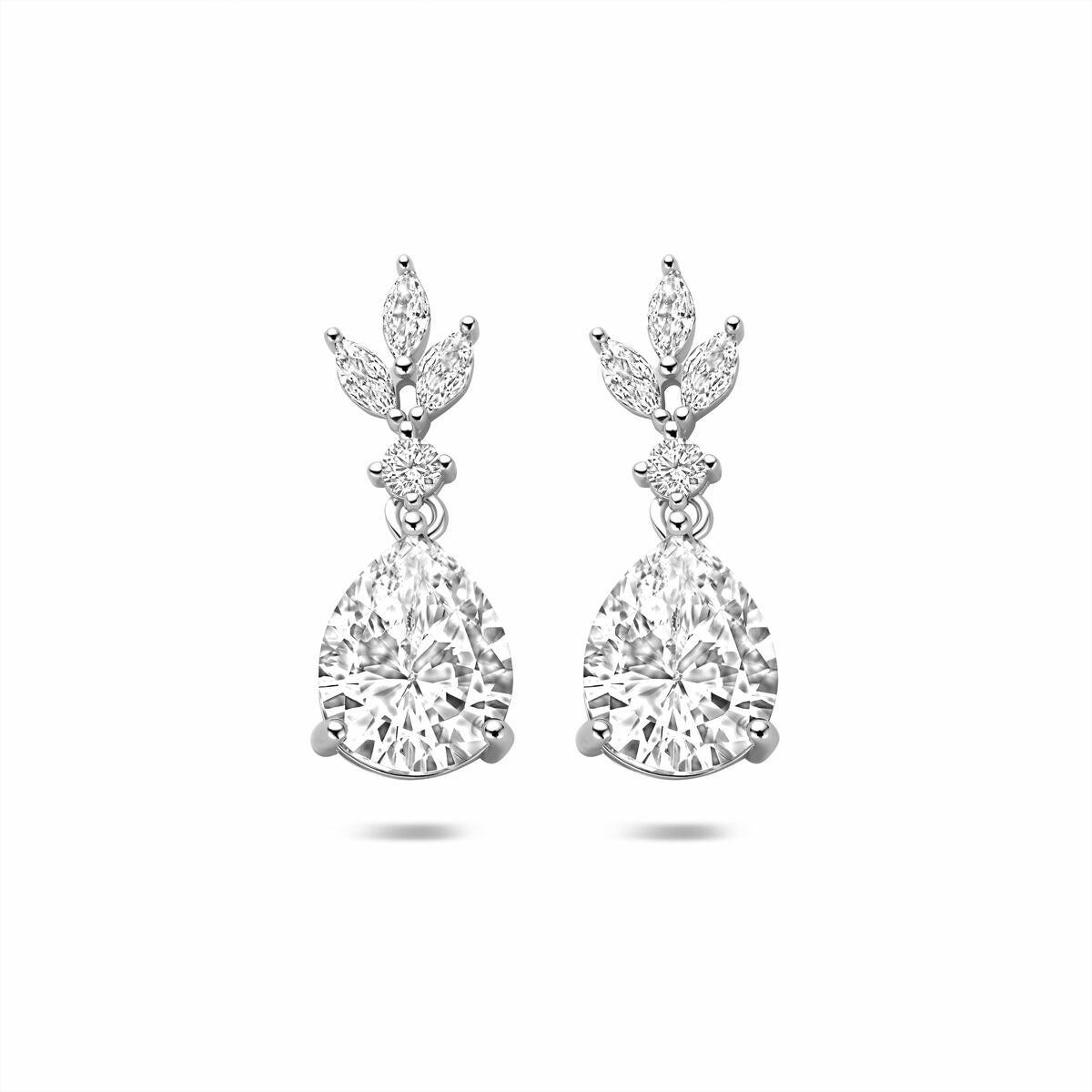 Orecchini in argento rodiato con zirconi, a forma di goccia, con dettagli floreali.