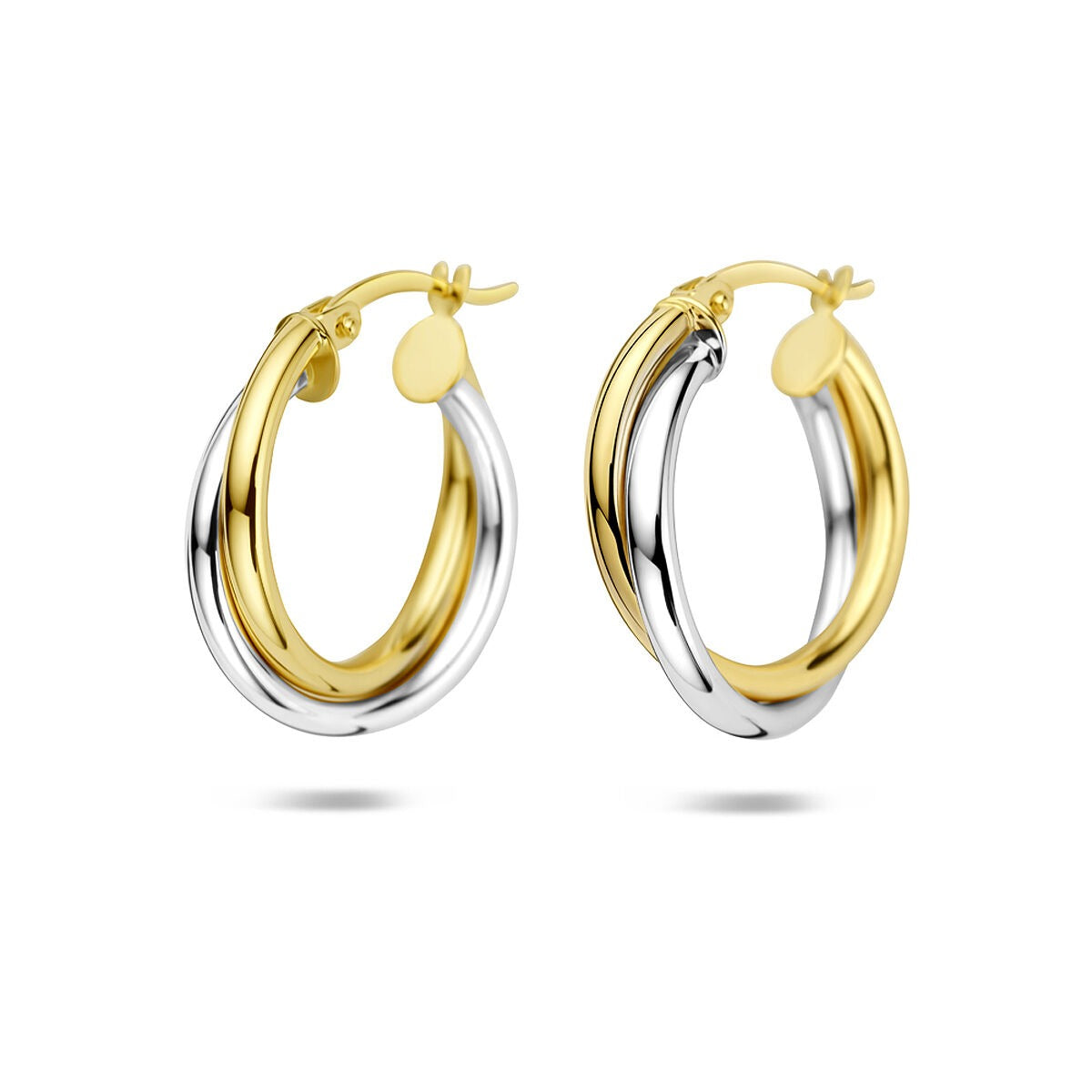 Orecchini alla creola bicolore in oro giallo e bianco.