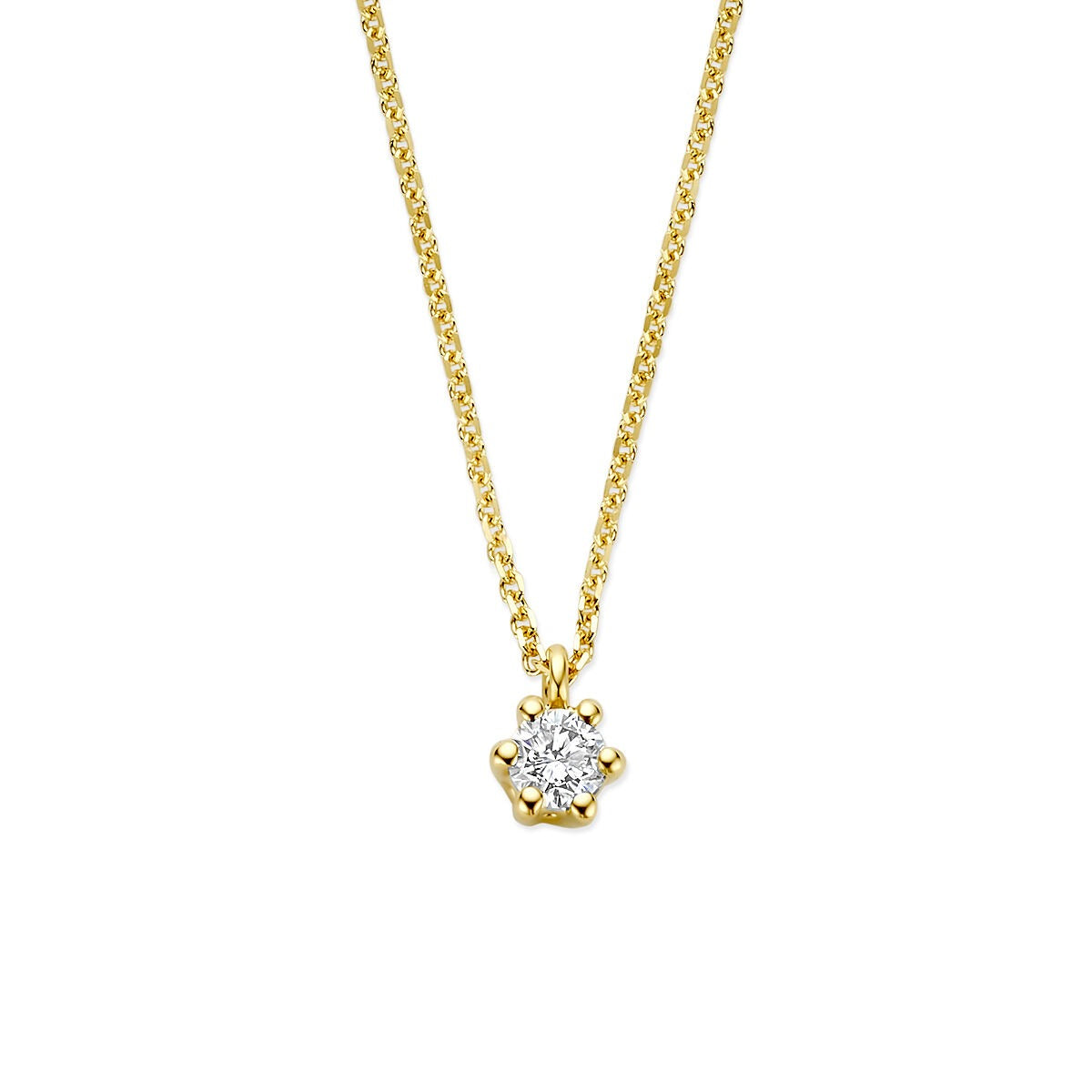 Geelgouden ketting met een lab grown diamant in een stervormige zetting.