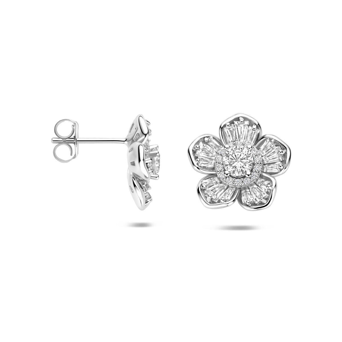 Orecchini a bottone in argento rodiato a fiore con zirconia