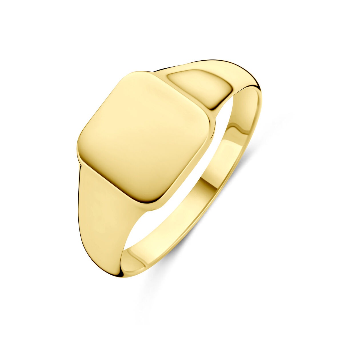 Anello da donna in oro giallo 14k con superficie liscia quadrata di 9 x 9,5 mm.