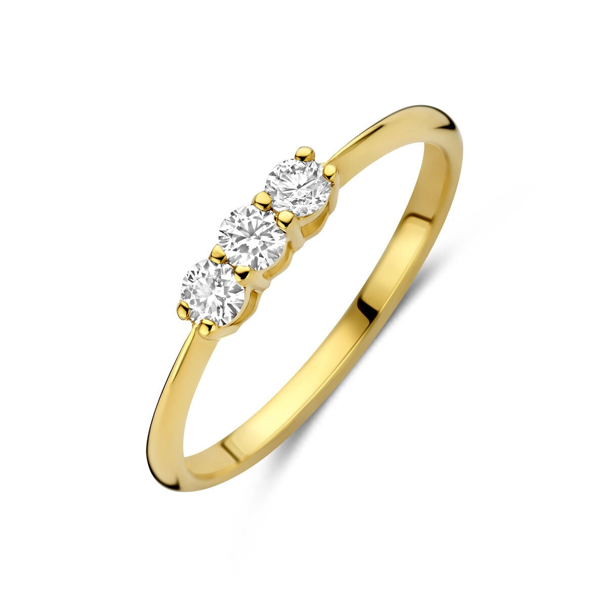 Anello in oro giallo 14k con tre diamanti lab-grown.