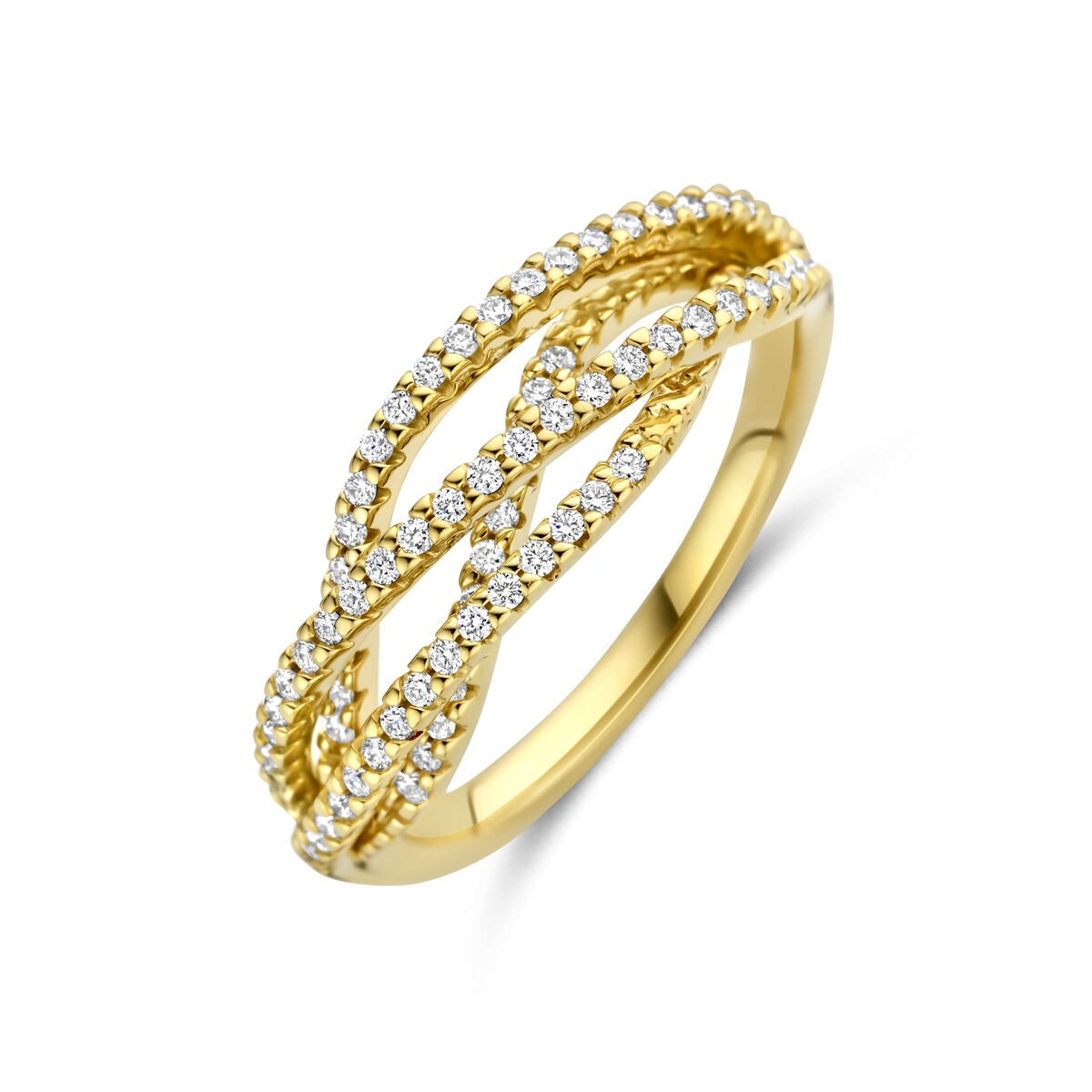 Anello da donna in oro giallo 14k con diamanti, design intrecciato e brillante.