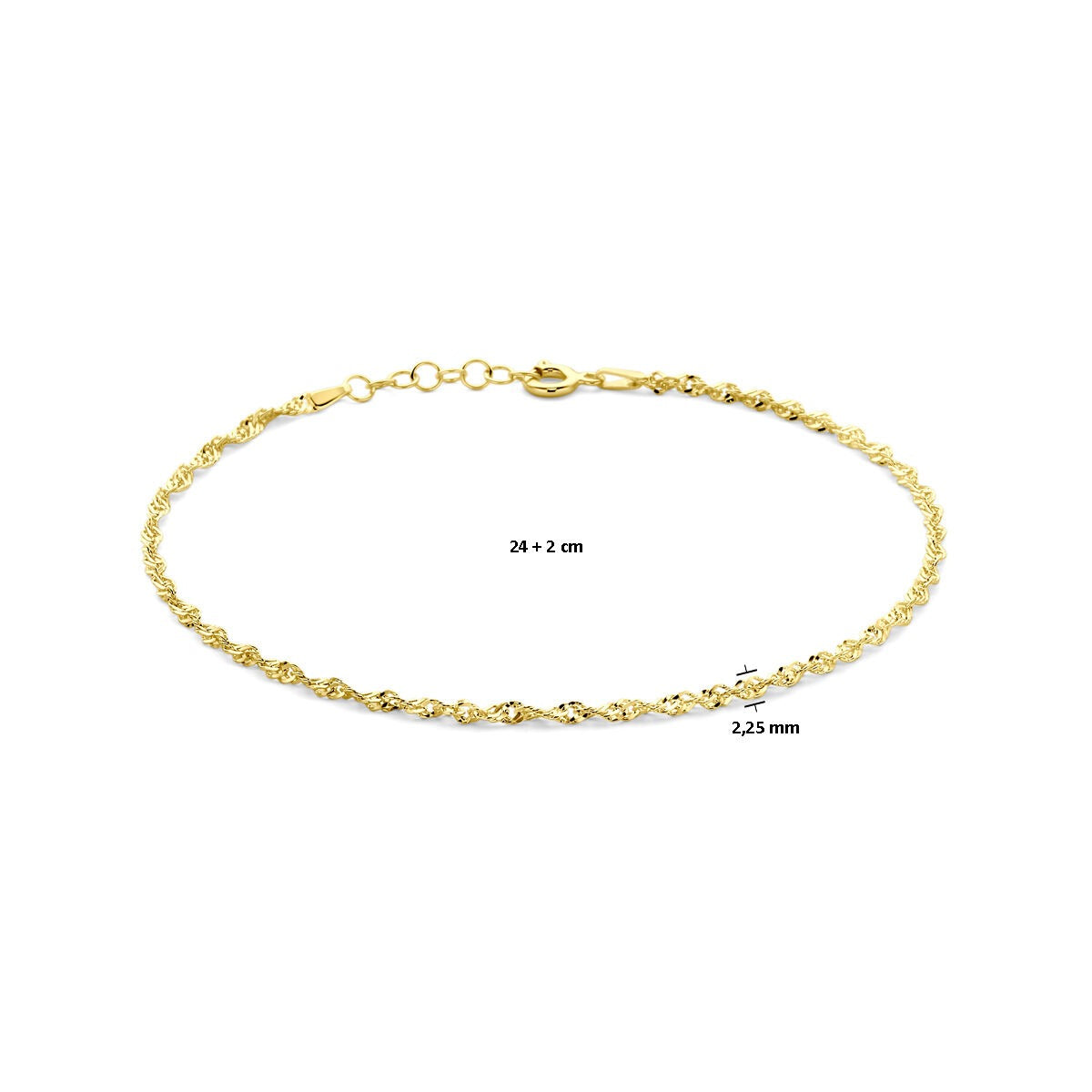 Cavigliera in argento placcato oro con maglia Singapore – da 24 a 26 cm, larga 2,25 mm
