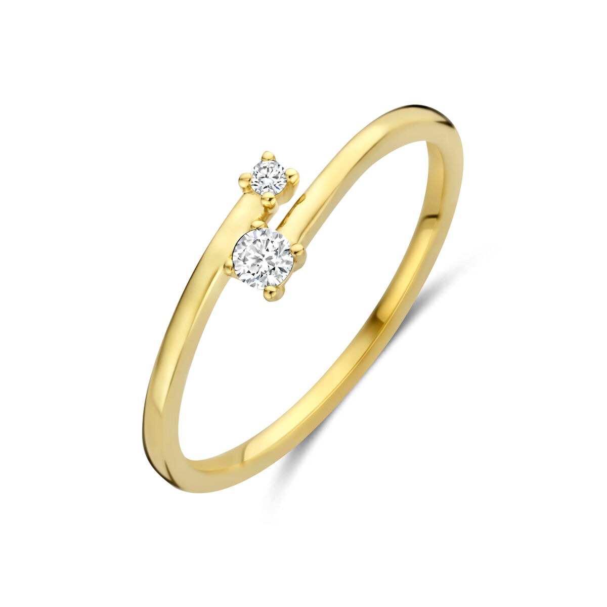 Anello in oro giallo 14k con diamanti, design semplice con due pietre brillanti.