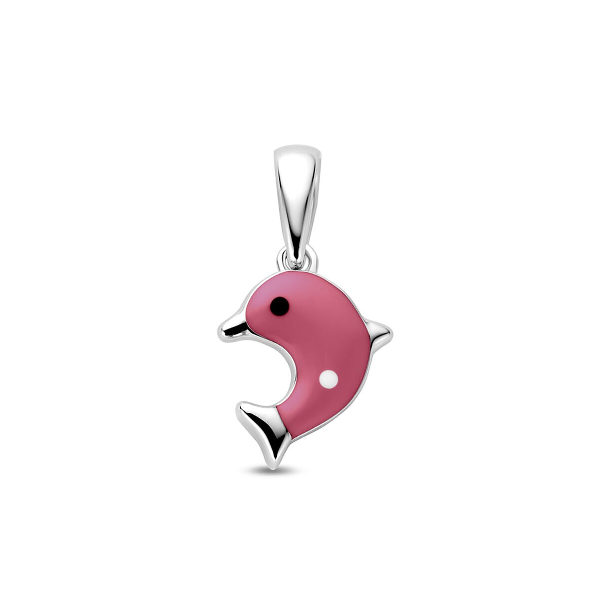 Ciondolo per bambini a forma di delfino in argento rodiato con smalto rosa.