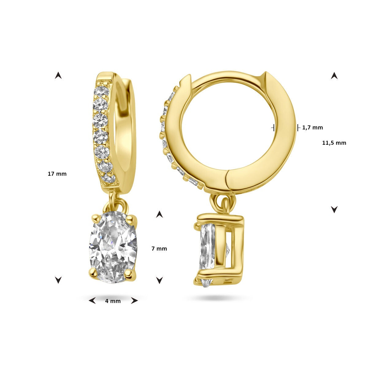 Orecchini a cerchio da donna in argento dorato color oro – zirconia a taglio ovale in castone entourage