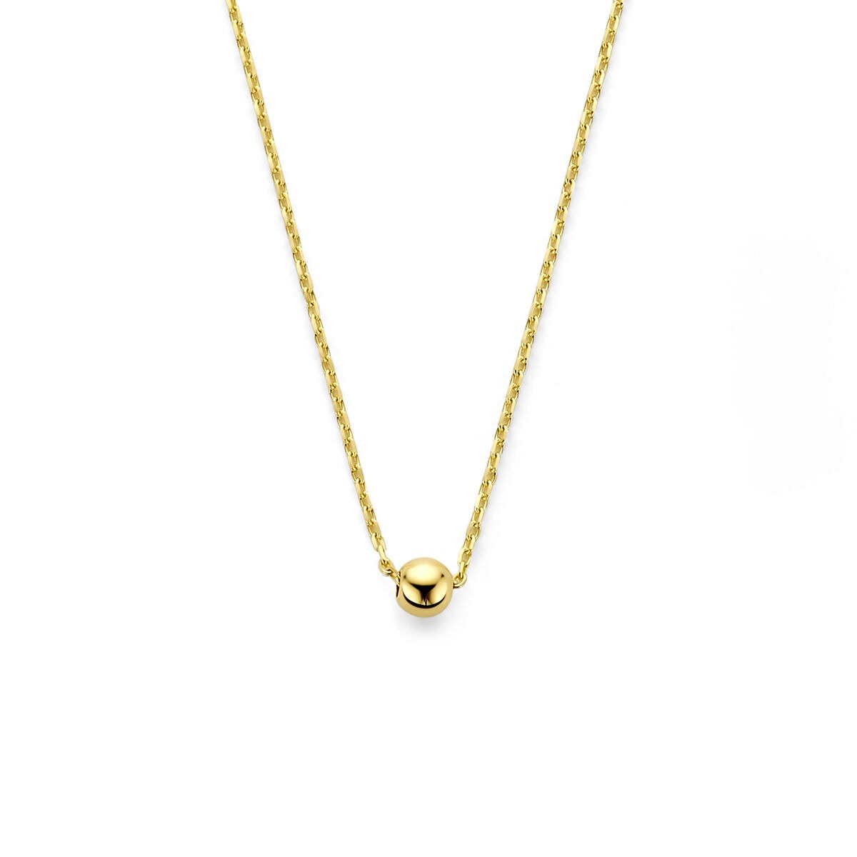 Geelkleurig 9k damescollier met een bolvormige hanger aan een gedraaid ketting.