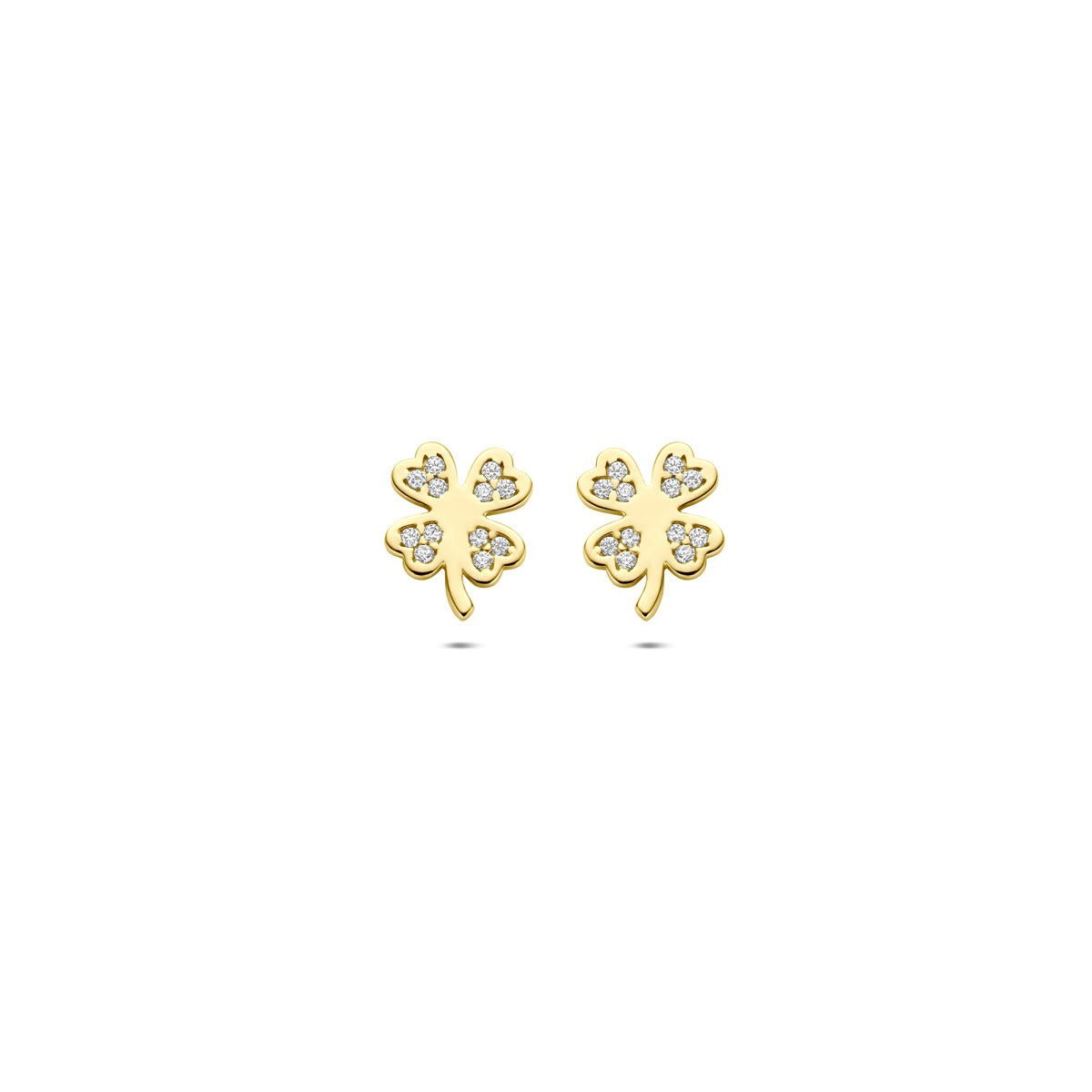 Orecchini a forma di quadrifoglio in oro giallo 14k con zircone, dimensioni 7,5 x 6 mm.