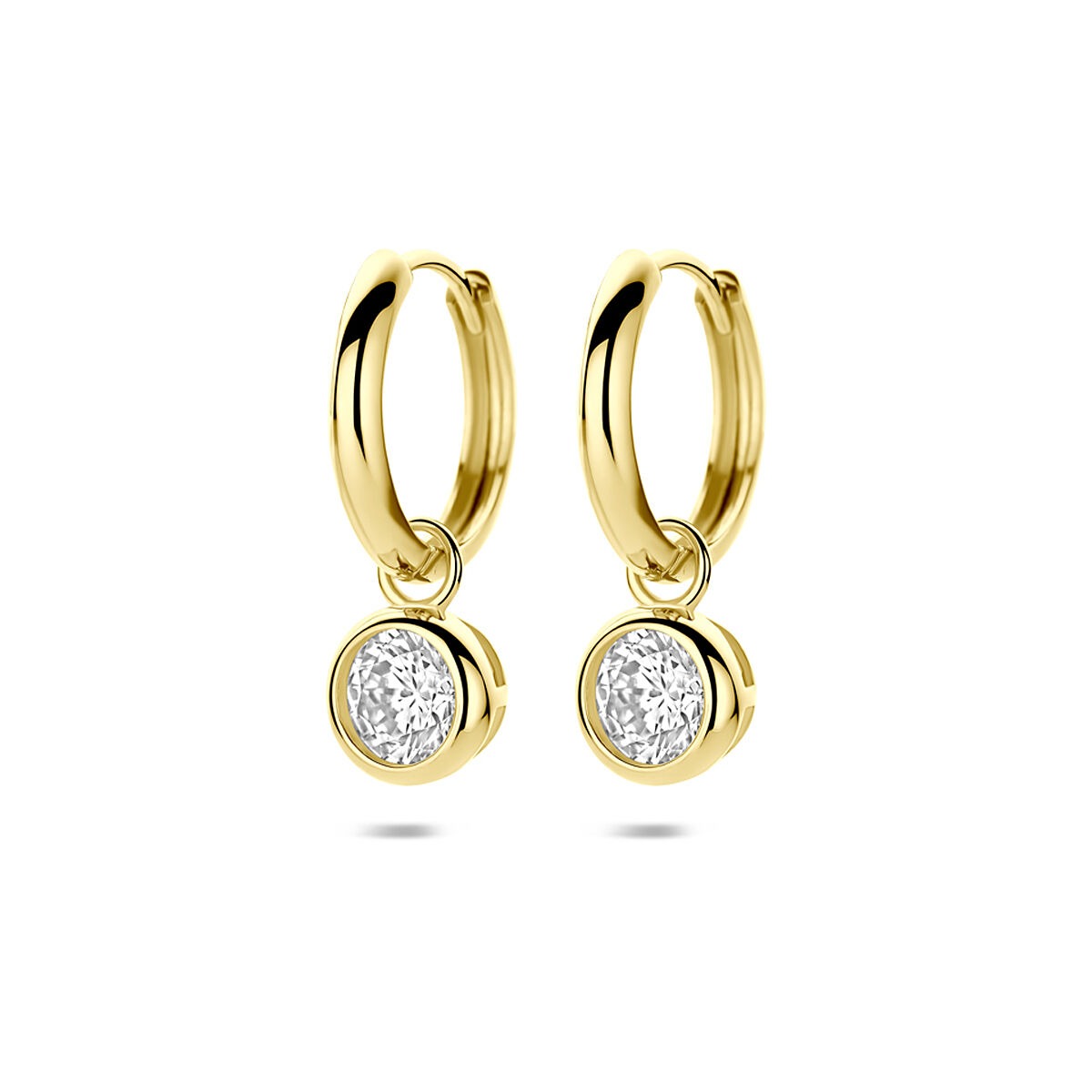 Orecchini in oro giallo 9k con zircone, forma circolare con pendente.