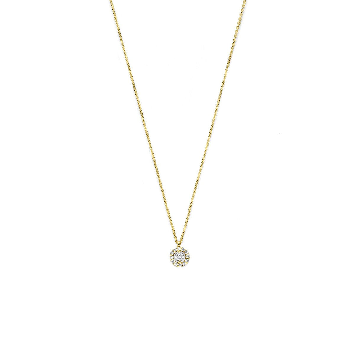 Geelgouden collier met een ronde hanger bezet met een heldere diamant.