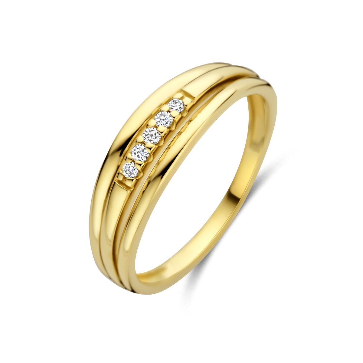 Anello in oro giallo 14k con diamanti, design a bande con cinque pietre.