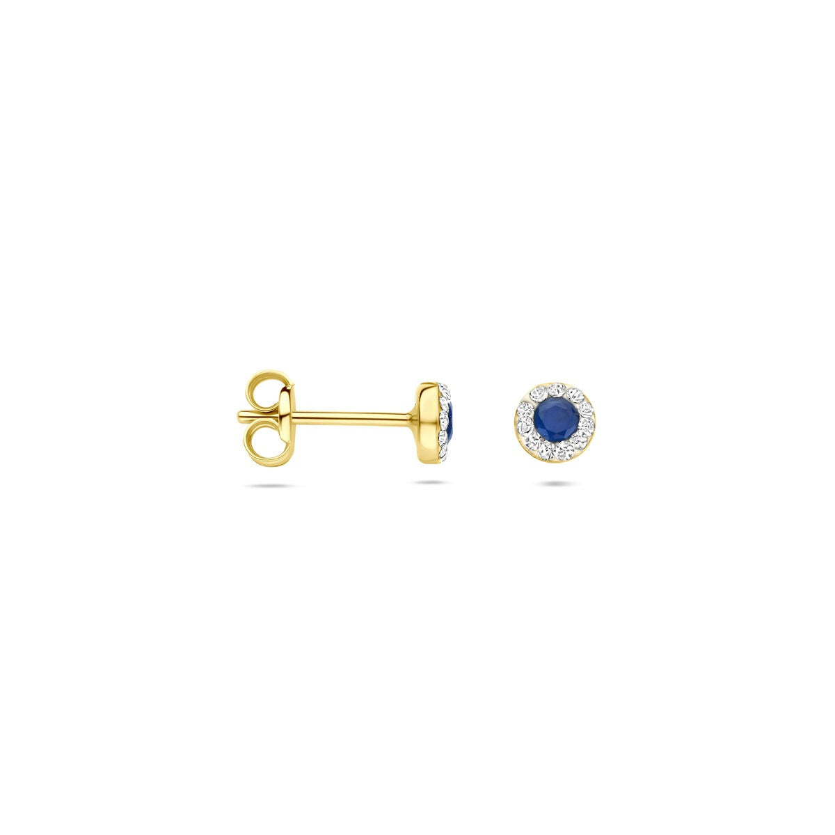 Orecchini a bottone in oro giallo 14k con zaffiro sintetico e Swarovski – 4,5 mm