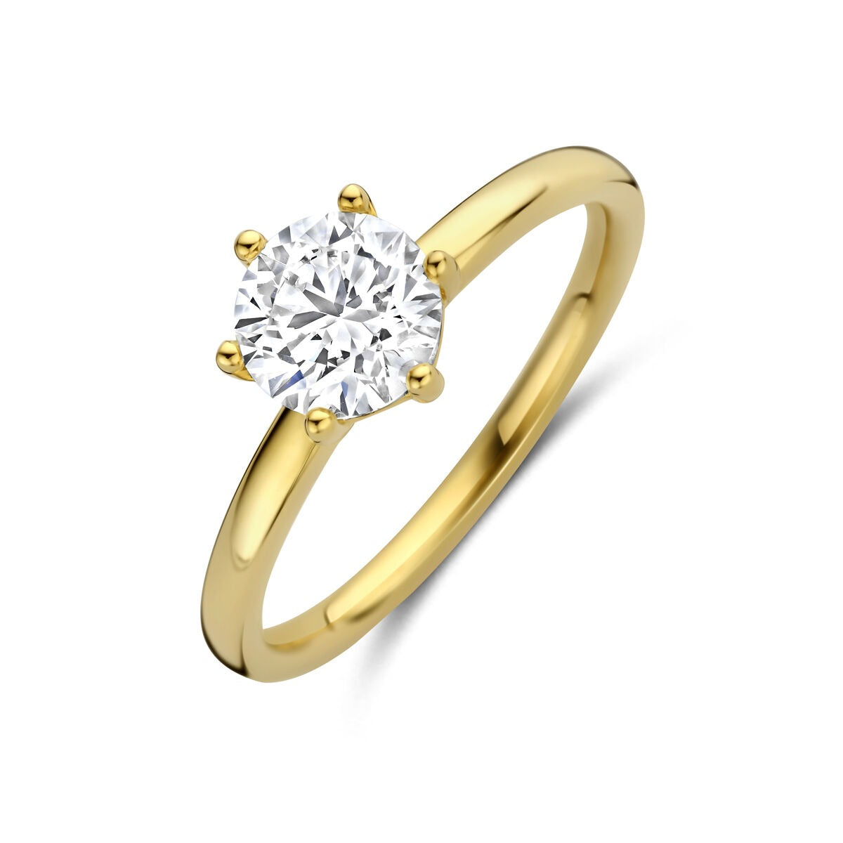 Anello da donna in oro giallo 14k con diamante lab-grown, design semplice con pietra centrale brillante.