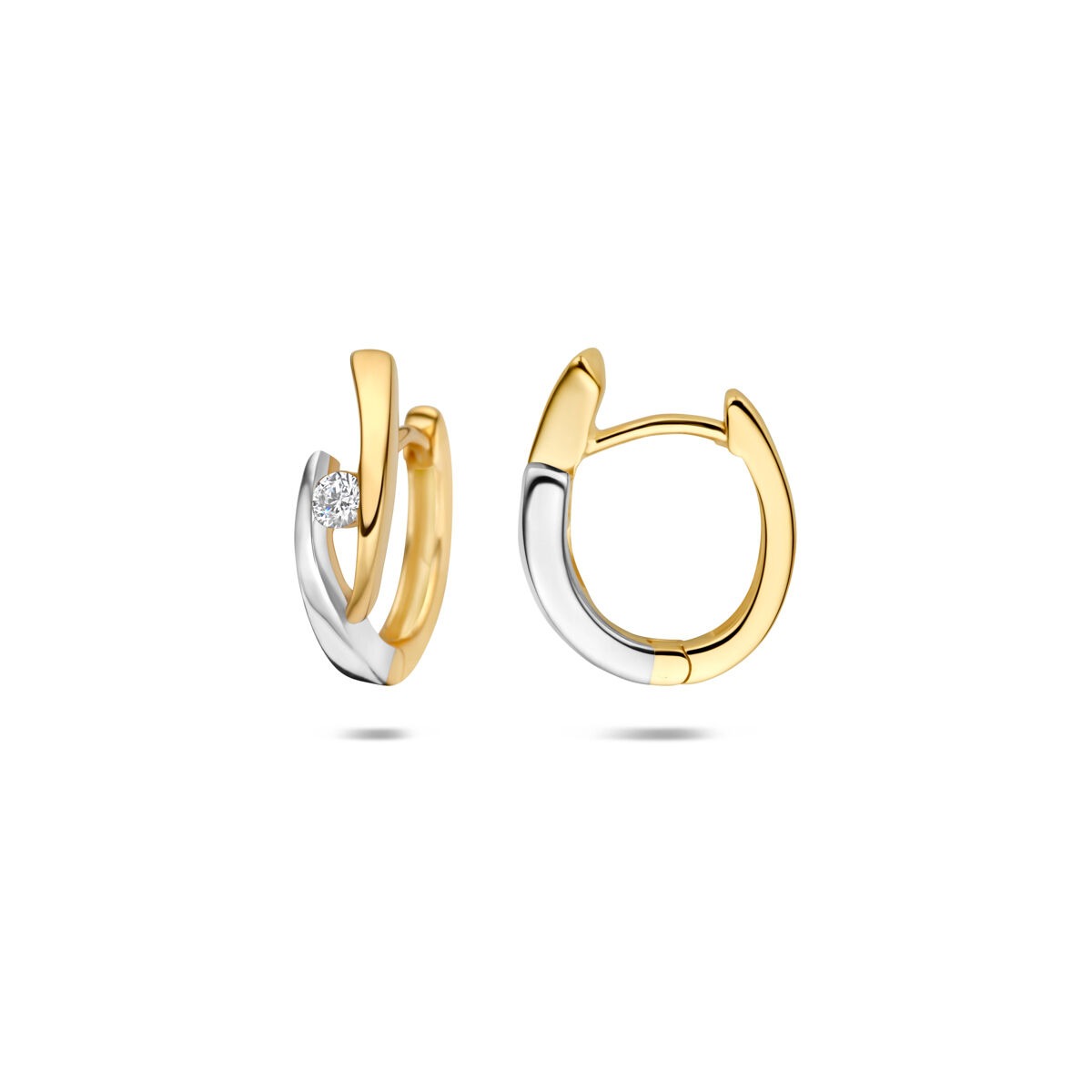 9k Geelgouden bicolor klapoorringen met zirkonia